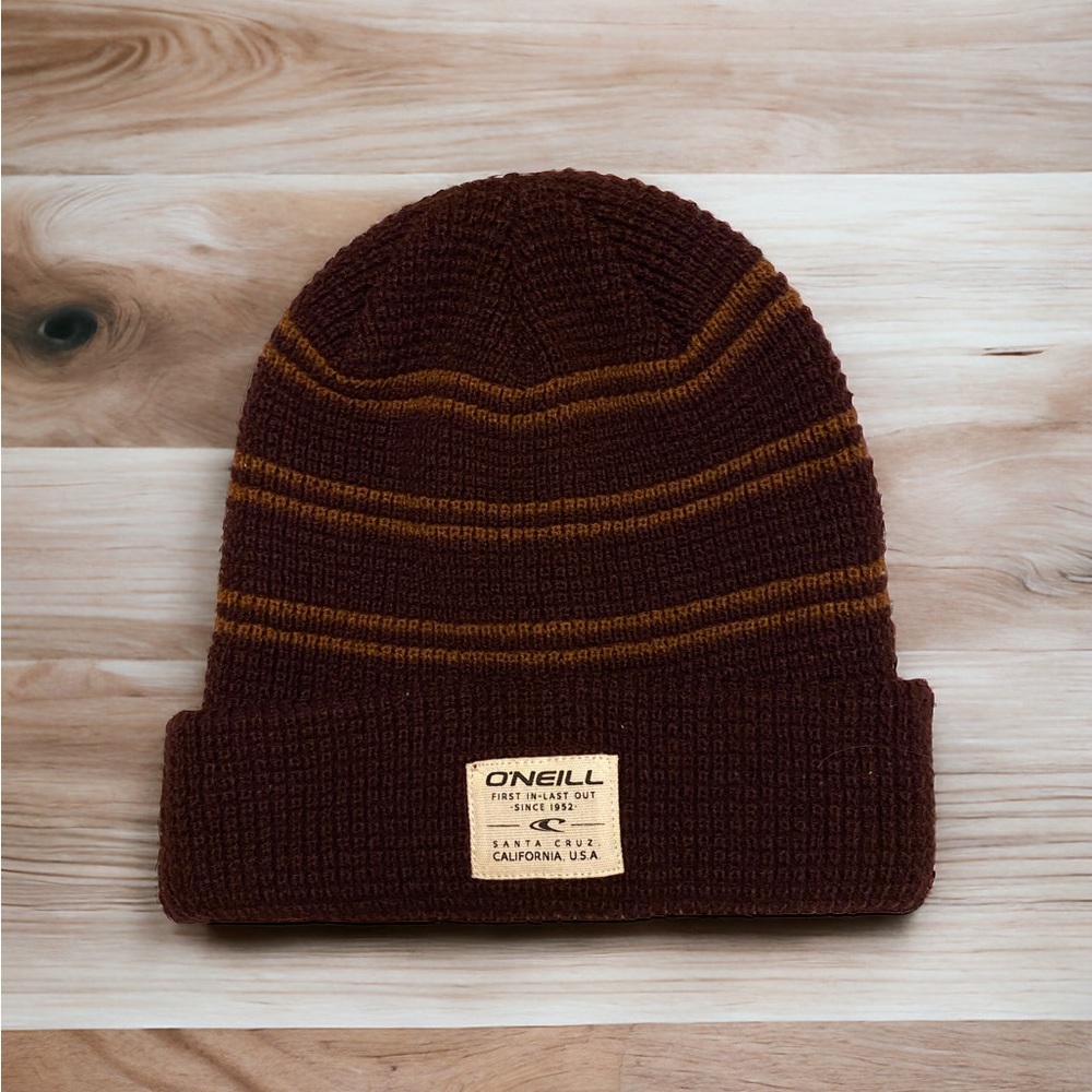 O’Neill Crocheted Knit Beanie, Unisex, Brown/Burgundy/Orange. Vintage-ish, Used.